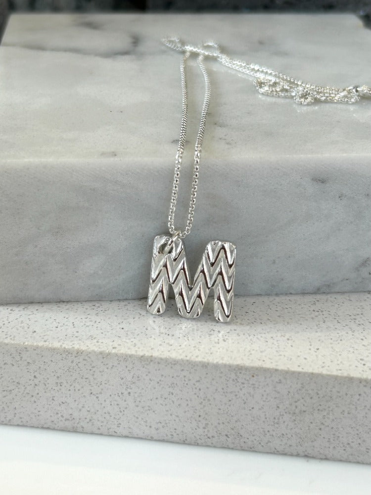 Silver Initial Textured Necklace-ZIGZAG